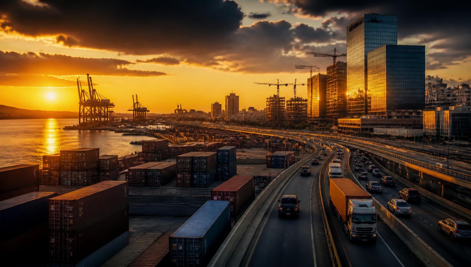 Port africain, conteneurs, chantiers et véhicules au coucher du soleil